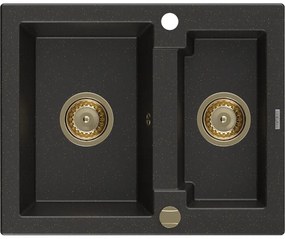 Mexen Carlos, granitový drez 582x475x177 mm, 1,5-komorový, čierna-zlatá metalíza so zlatým sifónom, 6518581500-75-G