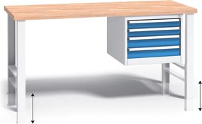 Výškovo nastaviteľný pracovný stôl do dielne G3 so závesným boxom na náradie, buková škárovka, 4 zásuvky, 1500 x 685 x 840 - 1050 mm, modrá