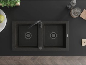 Mexen Mario, granitový drez 820x436x161 mm, 2-komorový, čierna-zlatá metalíza s čiernym sifónom, 6504822000-75-B