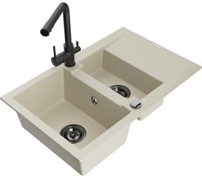 Mexen Gaspar, granitový drez 737x475x177 mm, 1,5-komorový, čierna batéria Duero, béžová, 6507-69-671600-70