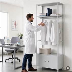 Kancelársky regál otvorený s tyčou na oblečenie, do recepcie a čakárne, kovový, sivý, 800x2200x400 mm: ARIEL