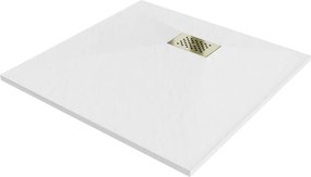 Mexen Hugo, štvorcová sprchová vanička SMC 70 x 70 cm, biela, zlatá krytka, 42107070-G