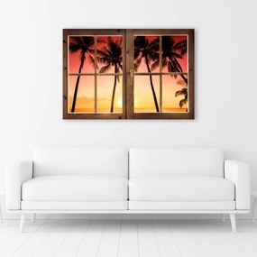 Obraz na plátně Palmové stromy okno západu slunce - 100x70 cm