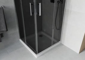 Mexen Rio, štvorcový sprchovací kút s posuvnými dverami 70(dvere) x 70(dvere) x 190 cm, 6mm šedé sklo, chrómový profil + biela sprchová vanička SLIM, 860-070-070-01-40-4010