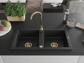 Mexen Mario, granitový drez 820x436x161 mm, 2-komorový, čierna so zlatým sifónom, 6504822000-77-G