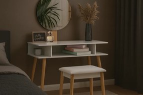 CH Biela retro toaletka s okrúhlym zrkadlom + stolička *5803