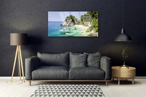 Skleneny obraz More pláž skaly lode 100x50 cm