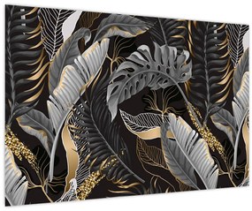 Obraz - Tropické listy v čierno-zlatej (90x60 cm)