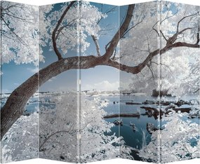 Paraván - Zasnežený strom pri vode (210x170 cm)