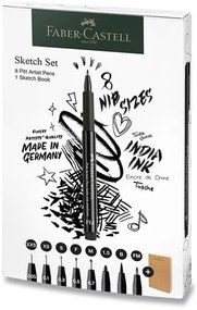 Popisovače a skicár Faber-Castell Pitt Artist Pen - súprava 8+1 ks, rôzne hroty, čierny