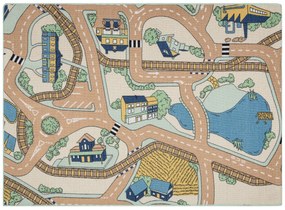 Protišmykový detský koberec REBEL ROADS 32 Mestečko, béžovo - zelený