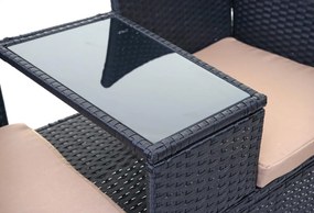 Záhradná lavica so stolíkom E24 - umelý ratan, 132cm - Čierna, sedáky krémová