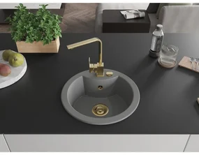 Mexen Diego, 1-komorový granitový drez 488x488x167 mm, zlatý sifón, zlatá lesklá batéria Rita, šedá, 6512-71-670300-50