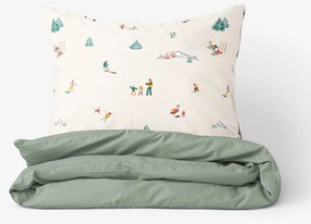 Goldea vianočné bavlnené posteľné obliečky duo - zimné radovánky so šalviovo zelenou 140 x 220 a 70 x 90 cm