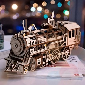Robotime 3D drevené mechanické puzzle Parní lokomotiva 350 ks
