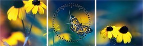 Obraz - Žltý motýľ s kvetmi (s hodinami) (90x30 cm)