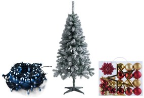 Livarno home Zasnežený umelý vianočný stromček, 150 cm + Svetelná LED reťaz, studená biela + Ozdoby, červené/zlaté  (800011005)