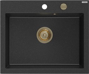 Mexen Elix, 1-komorový granitový drez 600 x 500 mm, čierna/strieborná metalíza, zlatý sifón - 6525601005-73-G