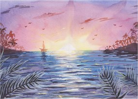 Obrázok - Západ slnka nad vodou, aquarel (70x50 cm)