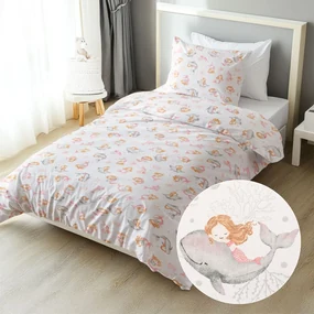 Biante Detské bavlnené posteľné obliečky Sandra SA-527 Ružové morské panny s delfínmi a veľrybami na bielom Predĺžené 140x220 a 70x90 cm