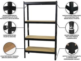 Fistar MEGA HIT: Regál 1500x700x300 mm lakovaný 4-policový, nosnosť 700 kg - ČIERNY