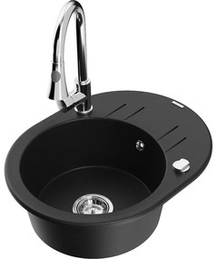 Mexen Kevin, 1-komorový granitový drez 586x458x190 mm a drezová batéria Elia, čierna, 6517-77-670101-00