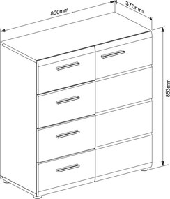 Komoda so zásuvkami Salsa, 80 cm, šedý dub/biela lesk