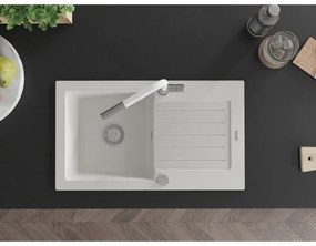 Mexen Pablo, 1-komorový granitový drez 752x436x161 mm a drezová batéria Flora, biela, 6510-20-670401-02