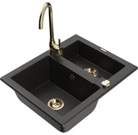 Mexen Carlos, granitový drez 582x475x177 mm, 1,5-komorový a zlatá drezová batéria Telma, čierna - zlatá metalíza, 6518-75-670200-50