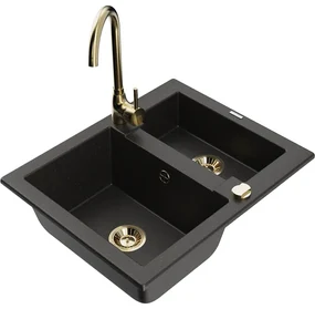 Mexen Carlos, granitový drez 582x475x177 mm, 1,5-komorový a zlatá drezová batéria Telma, čierna - zlatá metalíza, 6518-75-670200-50
