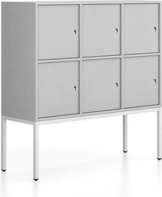 Kancelárska skriňa FRAME, nízka, biela podnož, 6x dvere, 1299 x 450 x 1331 mm, cylindrický zámok, sivá