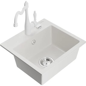 Mexen Milo, granitový drez 435x410x171 mm, 1-komorový a drezová batéria Carla, biela, 6505-20-670700-20
