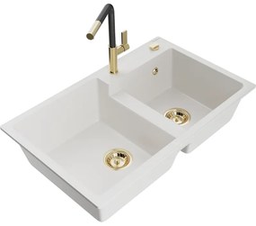 Mexen Tomas, 2-komorový granitový drez 800x500x190 mm a drezová batéria Flora, biela, 6516-20-670401-57-G