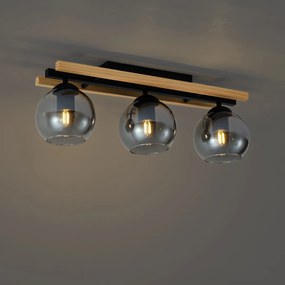 Moderné stropné svietidlo čierne s drevom a dymovým sklom 3-Lights - Aleks
