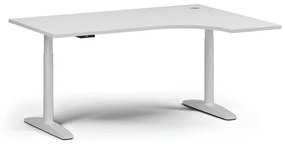 Výškovo nastaviteľný stôl OBOL, elektrický, 675-1325 mm, rohový pravý, doska 1600x1200 mm, biela zaoblená podnož, biela