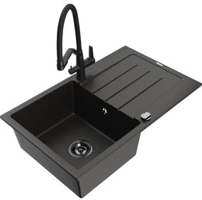 Mexen Bruno, 1-komorový granitový drez 795x495x200 mm a drezová batéria Duo, čierna-zlatá metalíza, 6513-75-671701-70-B