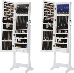 LED skrinka na šperky so zrkadlom po celej dĺžke s 2 zásuvkami, biela
