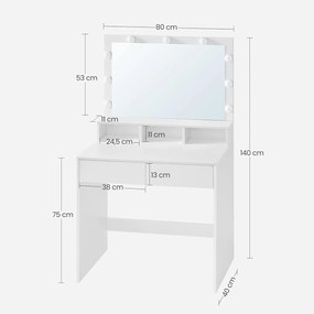 Toaletný stolík s LED osvetlením, so zrkadlom, nastaviteľný jas, biely