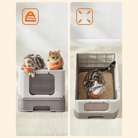 Toaleta pre mačky s vekom a výsuvným podnosom, krytá podstielka, sivá