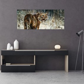 Obraz - Tiger v zasneženom lese, olejomaľba (120x50 cm)