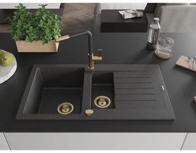 Mexen Matias, 1,5-komorový granitový drez 900x505x200 mm a drezová batéria Flora, čierna škvrnitá, 6502-76-670401-57-G