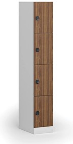 Šatníková skrinka S1 s úložnými boxmi, 4 boxy, 1850 x 300 x 500 mm, kódový zámok, laminované dvere, orech