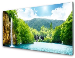 Skleneny obraz Hory les jazero príroda 125x50 cm