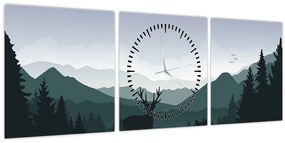 Obraz - Jeleň s vlkom v skalách (s hodinami) (90x30 cm)