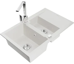 Mexen Gaspar, granitový drez 737x475x177 mm, 1,5-komorový a chrómová batéria Rita, biela, 6507-20-670300-00