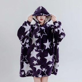 Baránková mikinová deka s rukávmi a kapucňou HVIEZDY fialová