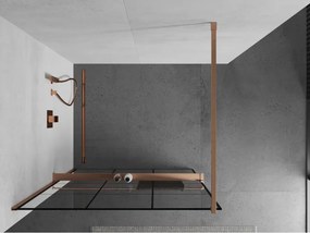 Mexen Kioto+, sprchová zástena Walk-In s poličkou a vešiakom 120 x 200 cm, 8mm číre sklo čierny vzor, medený matný profil, 800-120-121-65-77