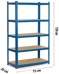 Kovový úložný regál, 150x75x30 cm, 625 kg, modrý