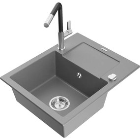 Mexen Enzo, 1-komorový granitový drez 576x465x174 mm a drezová batéria Flora, šedá, 6506-71-670401-07