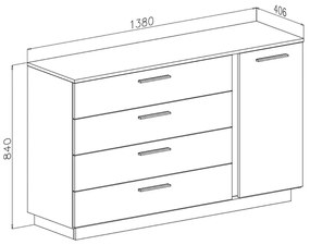 KOMODA MARION III BIELY LESK ČIERNE ÚCHYTKY 140 cm